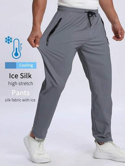 Pantalones ligeros y transpirables de running elásticos para hombre, con bolsillos con cremallera y cintura con cordón, de tela suave y cómoda de seda helada, pantalones deportivos de unicolor, adecuados para uso casual, al aire libre, entrenamiento, vacaciones, pesca