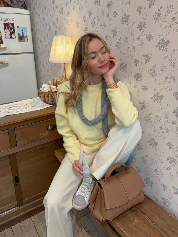 New Solid Color Knit Pullover, Versatile Knitwear For Everyday Wear In Autumn/Winter