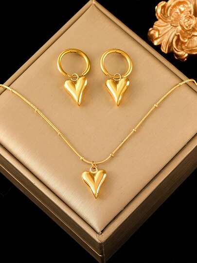 1set Stainless Steel 3D Heart Pendant Necklace + Earrings Jewelry Set Valentines,Mom,Mother,Mother's Day,Gift