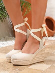 New European And American Style Wedge Platform Espadrille Women Sandals, Woven Rope Closed Toe Adjustable Strap Fashion Shoes - Beige - View 3