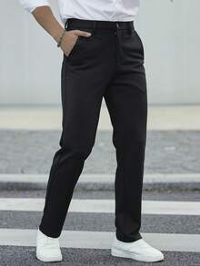 Simple Versatile Button & Zipper Business Casual Pants For Men, Solid Color Elastic Lightweight Trousers For Four Seasons - Black - View 8