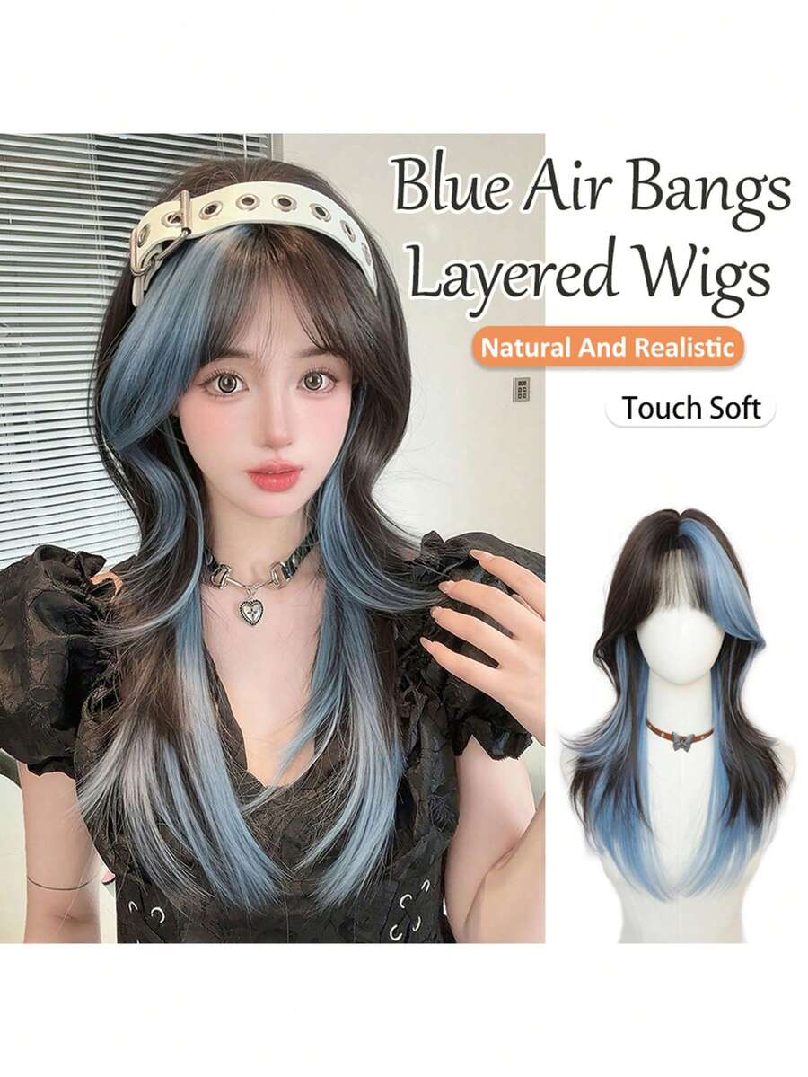 XIXISNOW Synthetic Hairpieces Wavy Layered Wigs With Bangs Blue High 24inch For Beginners Daily Party Use Young - Blue Highlight - View 1