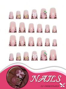 1 Box/24pcs Short Square Fake Nails, Pink Leopard Print Design With 3D Bow, Heart & Butterfly Decorations, Presenting A Sweet And Playful Style. Golden Glitter Accent Adds A Luxurious Touch. Easy To Operate And Comfortable To Wear, Suitable For Parties, Celebrations And Everyday Use, Helping You Create Charming Nail Art. Includes Nail File And Buffer Block To Maintain Neat And Stylish Nails Anytime Press On Nails - Multicolor - View 2