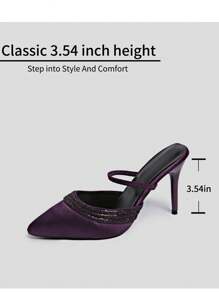 2025 Spring/Autumn New Pointed Toe Purple Stiletto High Heel Satin Crystal Embellished Strap Mule Sandals For Women