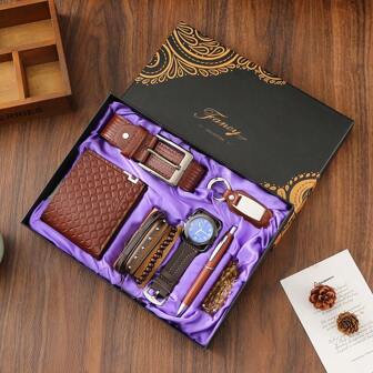 11 Piece Gift Box Set, Fashionable Watch+Business Wallet+High-Quality Belt+Exquisite Bracelet 3 Strings+Signature Pen+Tie+Tie Clip+Cufflinks+Exquisite Gift Box, Gift For Dad And Boyfriend, Father's Day, Party Gifts, Birthday Gifts, Souvenirs