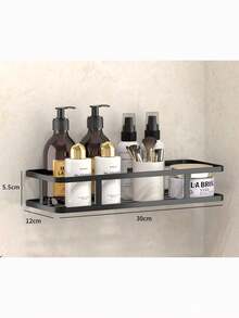 1pc Iron Storage Rack With Hook, Multifunctional Black No Perforation Wall Mounted Corner Storage Rack For Bathroom
