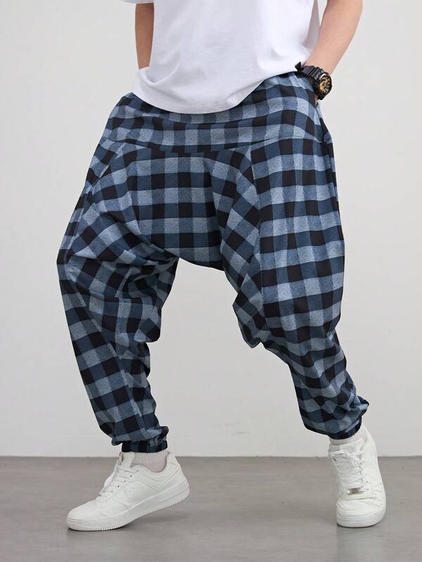 1 قطعة بناطيل هارم رخوة ذات رسمة مربعات للرجال، بطراز رياضي كاجوال، خصر مطاطي مع خيط سحب، مريحة ومتعددة الاستخدامات، قابلة للتهوية