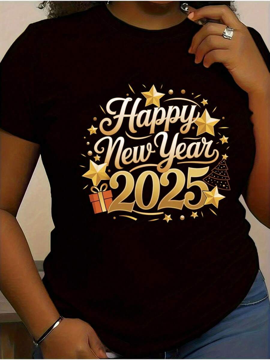 Celebre el Año Nuevo 2025 con estilo con nuestra camiseta estampada de manga corta y cuello redondo de algodón negro para mujer con letras doradas festivas y detalles de estrellas, confeccionada con tela premium de 180 g para mayor comodidad y durabilidad, perfecta para fiestas y salidas informales, un regalo ideal para los entusiastas de las fiestas. - Negro - Ver 1