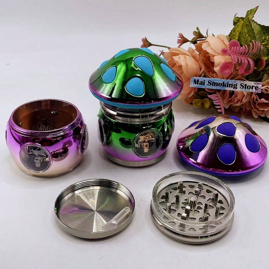 Large Metal Mushroom Tobacco Grinder Zinc Alloy 4-Layer Manual Gradual Powder Grinding Machine Crusher Mortar Pestle Herb Grinder Accessory Tool Gift - Mushroom - View 1
