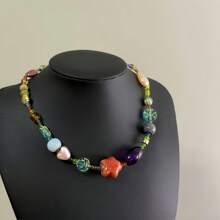 1 pieza Collar con cuentas de vidrio de arroz, estrella de cerámica y acrílico de diseño encantador y colorido - Collar gargantilla elegante para mujer, adecuado para viajes, uso diario y regalo de cumpleaños