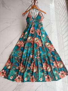 Long Dresses With 3D Print, Multicolored, New Model With Back Tie, Bare Back - Mint Green - View 1