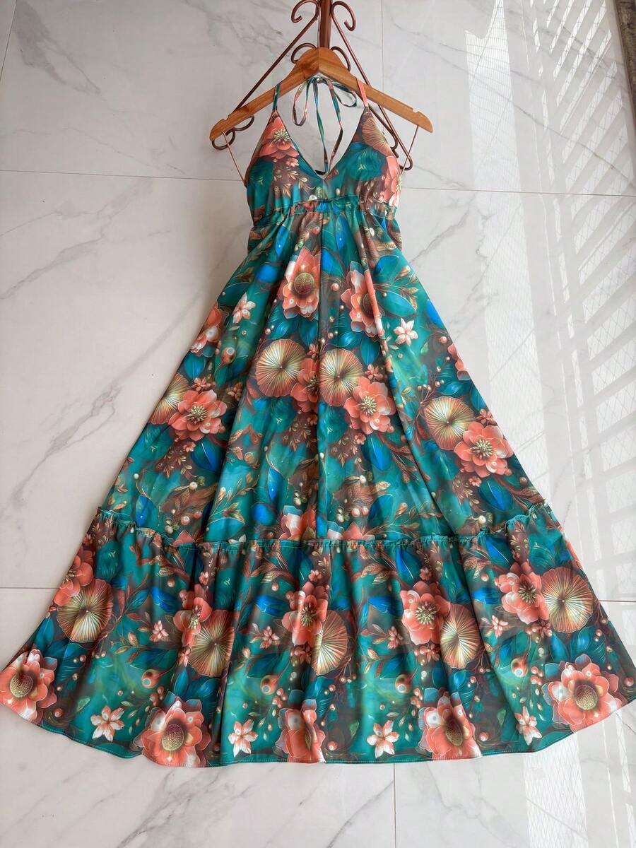 Long Dresses With 3D Print, Multicolored, New Model With Back Tie, Bare Back - Mint Green - View 1