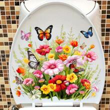 1pc Flowers And Butterflies Toilet Seat Sticker - Removable And Reusable PVC Sticker For Bathroom, Bathtub, Toilet, Multi-Purpose Wall Art Home Decoration Sticker