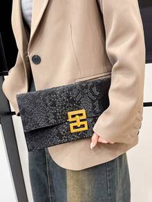 1pc Plain Simple Minimalist Luxury Stone Texture Clutch Bag - Black - View 9