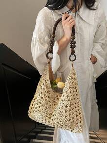新款女士手工编织草编单肩包 - 米色 - 查看 5