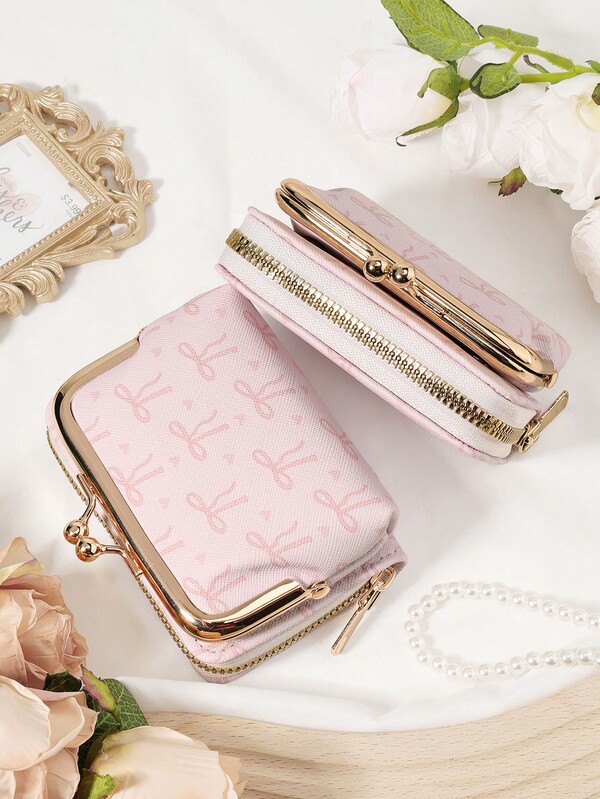 Pink Bow Love Pattern Bag,Women Wallets Short Pu Leather Purses Zipper & Hasp Purse Multifunctional Large Capacity Money Bag For Women Coin Card Holders Lightweight,Fashion Modern,Business ZipperCredit Card Business Casual Teachers' Day,Teacher Gifts,For Anniversary,For Birthday Gift,For Lady,For Female,White-Collar Workers