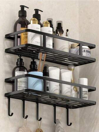 1pc Iron Storage Rack With Hook, Multifunctional Black No Perforation Wall Mounted Corner Storage Rack For Bathroom