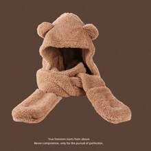 3 Pieces Set: Scarf, Gloves And Hat, Warm Plush Bear Ear Hoodie Scarf Set