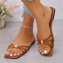 Simple Chic Vintage Square Toe Non-Slip Low Heel Ladies Sandals, Rhinestone Decor - Brown - View 5