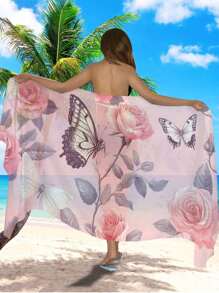 1pc Butterfly & Flower Print Beach Shawl, Decorative Beach Wrap, Swimsuit Cover Up, Semi-Transparent Elegant Multifunctional Beach Dress, Chiffon Material, For Beach Shirt