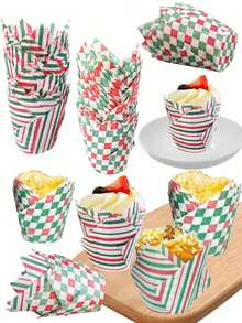 100/50pcs Tulip Cupcake Liners, Red/Green Striped & Checkered Cupcake Cups, Suitable For Wedding, Party, Baking Supplies, Essential For Kitchen - Multicolor - View 1