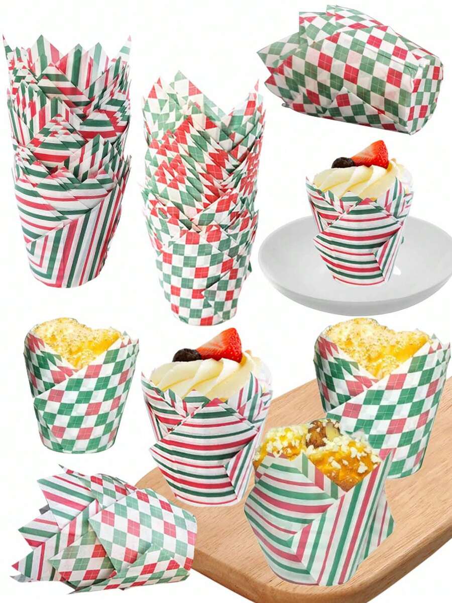 100/50pcs Tulip Cupcake Liners, Red/Green Striped & Checkered Cupcake Cups, Suitable For Wedding, Party, Baking Supplies, Essential For Kitchen - Multicolor - View 1