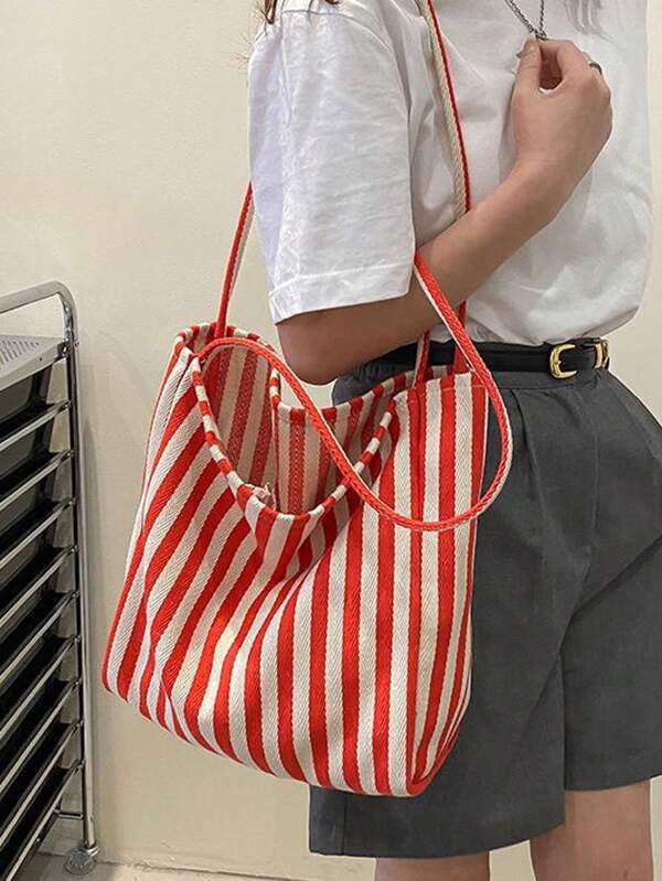 Chic Retro Striped Canvas Tote Bag Artistic Style Large Capacity Spacious&Versatile Ideal For Work School Or Dayout School Bag Canvas Bag Beach Bag