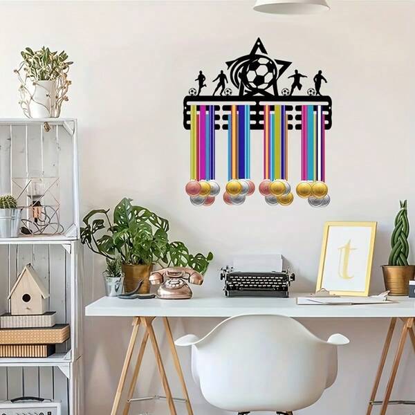 1pc, 11.81inch X 7.28inch Metallic Black Sports Medal Holder - Wall-Mounted, Easy Install, Holds 60 Medals & Ribbons For Running, Soccer, Softball Awards - Modern Iron Home Decor, Christmas Gift