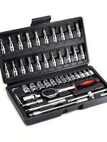 46 件集成解决方案户外应急汽车维修工具套件，适用于汽车、自行车和摩托车维修，还包括一个多功能组合手动工具套装，带扳手套装，无需电池，带 1/4 英寸驱动棘轮扳手、公制套筒、螺丝刀头、快速释放机构 - 用于汽车维修和 DIY 的专业手动工具套件，无需组装，非电动，带盒子