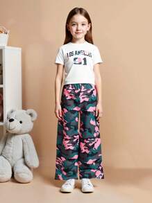 Set de 2 piezas de conjunto de verano para chicas adolescentes: Camiseta estampada con cuello redondo de Los Ángeles y pantalones rectos tipo camuflaje, conjunto de moda casual