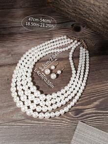 Set Of Exaggerated Multilayer Handmade Beaded, Faux Pearl, Western, Middle Eastern, Vintage Fashion Necklace, Bracelet And Earrings - Multicolor - View 5