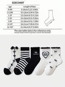5 Pairs Girls' Socks, Black & White Bow, Stripe, Heart, Letter Mid-Calf Socks, Korean Ins Style Casual Sports Lace Socks, Suitable For Daily Casual & Sports Wear - Multicolor - View 7