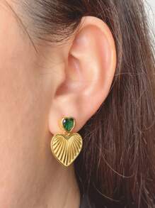 1 Pair Retro Heart-Shaped Golden Seashell Design Earrings, 925 Sterling Silver Plated 18K Gold With Green Zirconia, Cute Delicate Fashion Earrings, Elegant Quality Jewelry For Women, Suitable For Daily, Vacation, Beach, Party Wear
