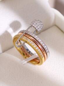 1 pezzo Anello da donna unico con design a 3 anelli e un singolo ago, decorato con zirconia cubica