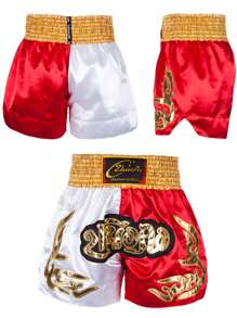 Red And White Muay Thai Shorts, Boyfriend Style Patchwork Embroidered Boxing, Fighting And Combat Shorts, Training Gym Team Pants