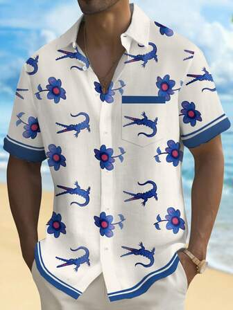 Hawaiian Crocodile Floral 3D Print Men's Button Down Pocket Short Sleeve Aloha Shirt