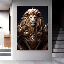 1pc Pc Striking Golden & White Lion With Ornate Design, Contemporary Wall Decor For Bedroom & Living Room, Lion Wall Decor,No Frame