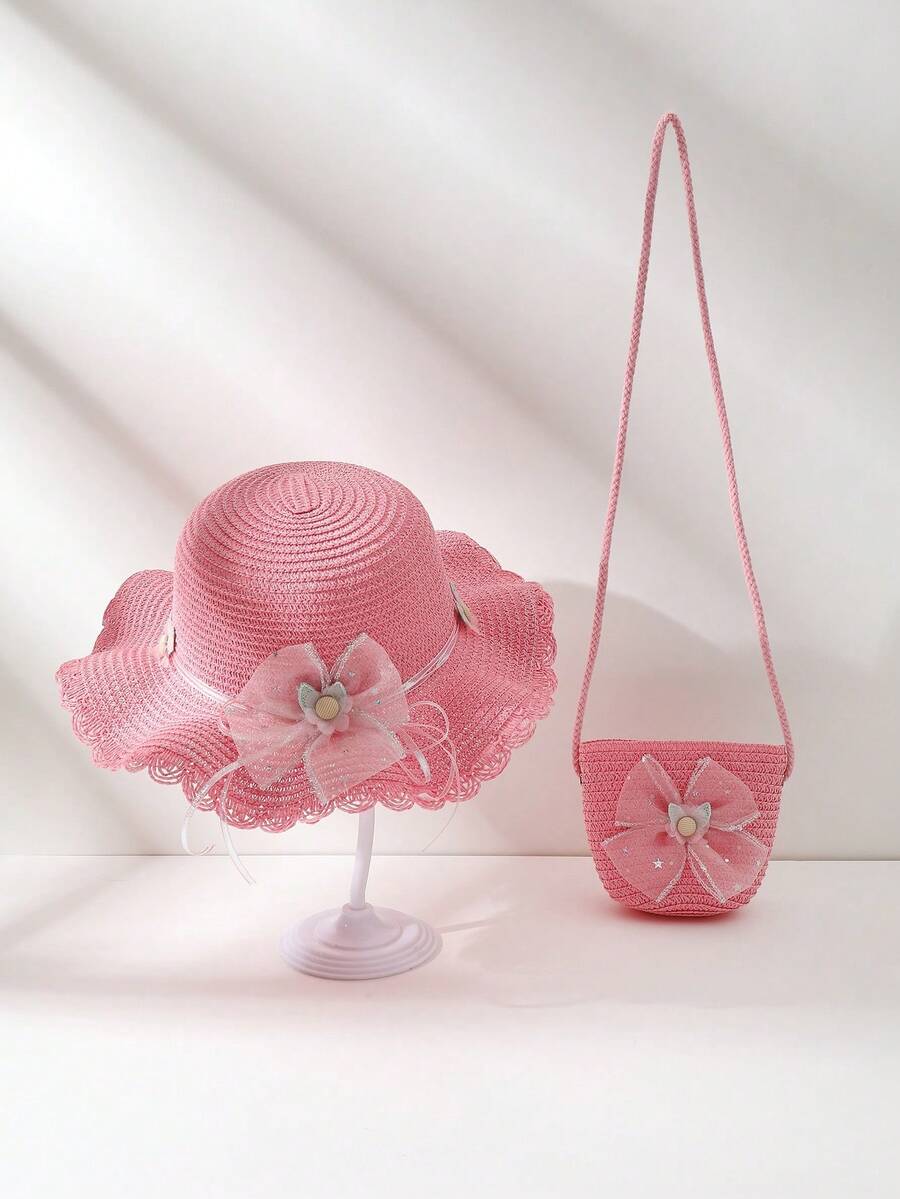 1 Set Girls' Pink Butterfly Hat & Bag Set, Suitable For Outdoor Travel & Vacation - Pink - View 1