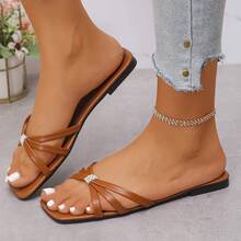 Simple Chic Vintage Square Toe Non-Slip Low Heel Ladies Sandals, Rhinestone Decor - Brown - View 1