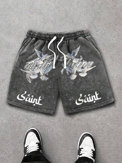 男士夏季轻便休闲短裤，字母和印花设计，适合街头、户外、海滩、运动、跑步，带口袋和抽绳