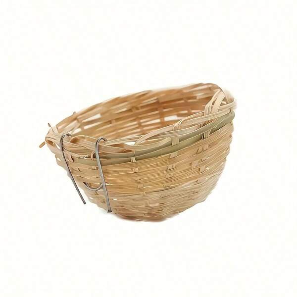 1pc Handmade Bamboo Bird Nest, Rustic Woven Wood Fiber Board, Natural Surface, Comes With Metal Hanging Hook, Ideal For Parrots And Small Birds, High-Quality Outdoor Birdhouse Accessory