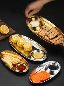 7.8/10.8 Inch (Approx. 20/27.5cm) Stainless Steel 304 Divided Snack Plate Set, Sushi Plate With Sauce Compartment, Suitable For Dipping Sauce, Dumplings, Appetizers, Tacos, Sushi, Fried Chicken