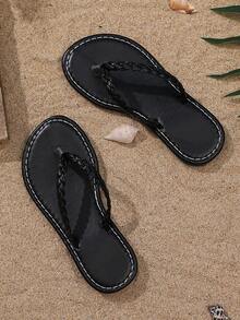 1 Pair Black Woven Flat Sandals For Infant/Toddlers, Soft PU Material, Simple Design, Non-Slip TPR Sole, Round Toe Open Toe Slide, Suitable For Girls & Boys, Perfect For Daily Wear, Beach, Travel, Casual Occasions, 2025 New Arrival - View 5