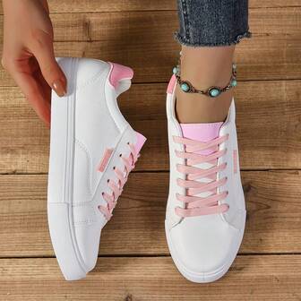 Women Casual Sports Shoes Versatile White Lace-Up Leather Platform Round Toe Flat Fashionable Athletic Sneakers