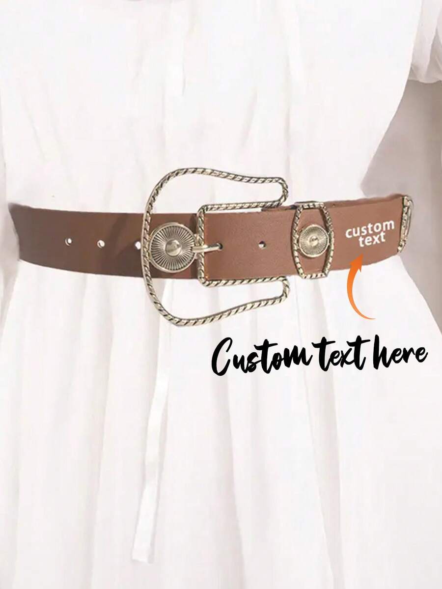 1pc Personalized Hollow Text Decor Women's Fashion Belt, Laser Engraved, Enlarged Buckle Vintage American Style, Suitable For Jeans And Dresses, Multi-Function PU Belt, Mother's Day, Valentine's Day, Back To School, Birthday Gift, Exquisite Personalized Unique Ideal Gift - Multicolor - View 1