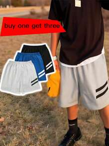 3pcs Boys' Summer Casual Striped Print Shorts Set, Quick-Dry Breathable Athletic Baseball Style Shorts, Suitable For Sports, Play, Casual School Outfits