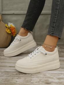 Women's Classic White Sneakers, Casual Fashion Flat Shoes, White Matching Outdoor Sports Shoes, Height Increasing, Lightweight, Soft Bottom, Breathable, Slip-On Platform Sneakers