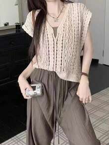 Women's Fashion Apricot Color Hollow Out Crochet V-Neck Knit Vest - Apricot - View 4
