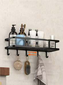 1pc Iron Storage Rack With Hook, Multifunctional Black No Perforation Wall Mounted Corner Storage Rack For Bathroom