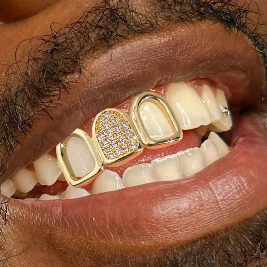 Fashionable Copper Grilled Tooth With Synthetic Cubic Zirconia, Hollow Out 3 Teeth Grillz, Suitable For Hip-Hop Style, Tooth Jewelry, Party & Dance Accessory, Unisex Fashion Jewelry Accessory - Multicolor - View 1